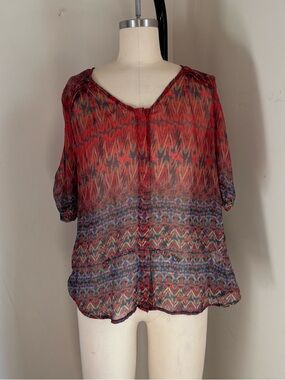 Skies Are Blue Red Multi-Pattern Sheer V-Neck Blouse